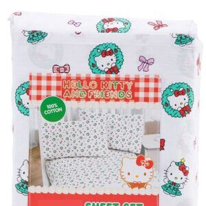 Hello Kitty Christmas Wreath Full Size Cotton Sheet Set COTTON (pink red bows)
